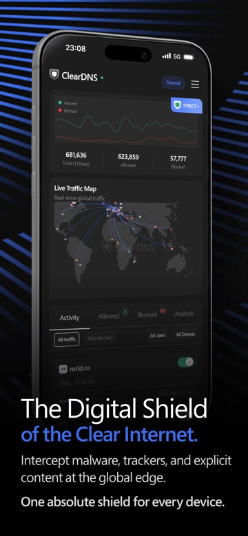 ClearDNS iPhone dashboard in dark mode: 31-day allowed and blocked query chart, live traffic map and activity log, captioned The Digital Shield of the Clear Internet