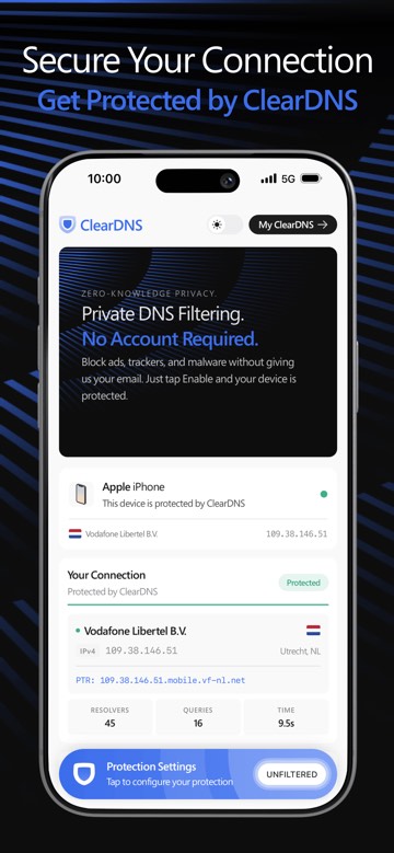 The same iPhone after setup, shown as protected by ClearDNS with private DNS filtering and no account required, captioned Secure Your Connection