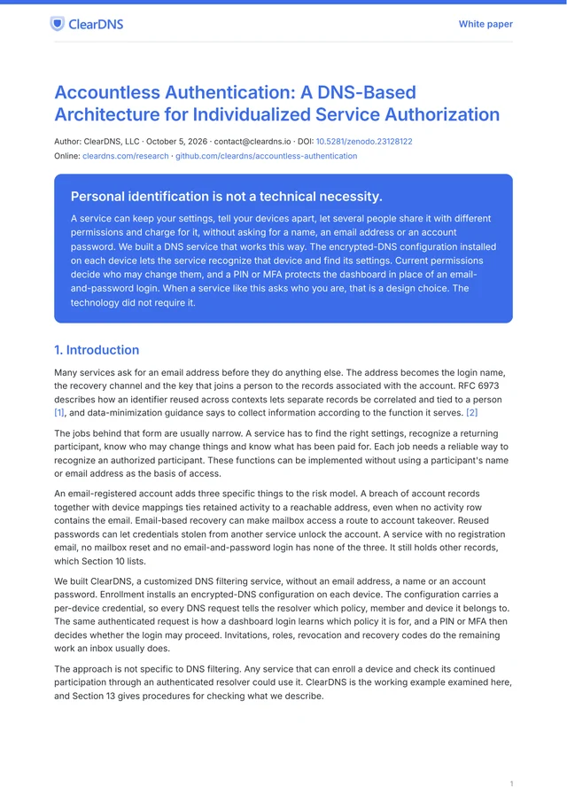 First page of the ClearDNS Accountless Authentication white paper